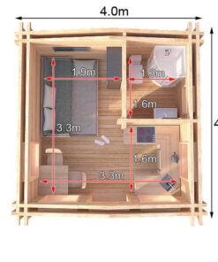 4m x 4m Highly Insulated twin skin 44mm x 44mm log cabin, one bed, and shower room - 583