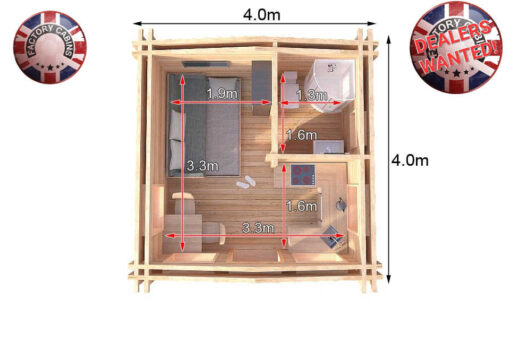 4m x 4m Highly Insulated twin skin 44mm x 44mm log cabin, one bed, and shower room - 583