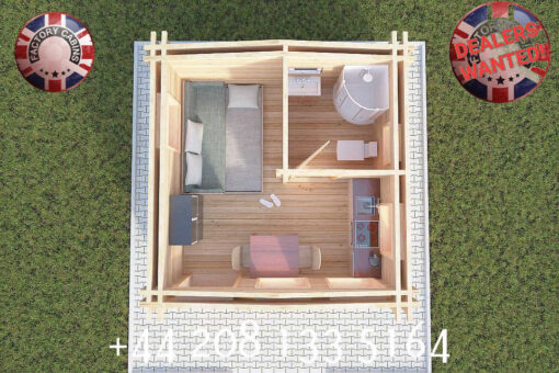 4m x 4m HIGHLY Insulated twin skin 44mm x 44mm log cabin, one bed, and shower room - 589