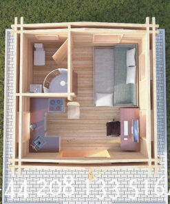 4m x 4m Insulated twin skin 44mm x 44mm log cabin, one bed, and shower room - 590
