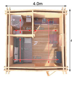 4m x 4m Insulated twin skin 44mm x 44mm log cabin, one bed, and shower room - 590