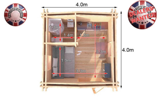 4m x 4m Insulated twin skin 44mm x 44mm log cabin, one bed, and shower room - 590