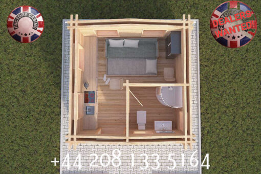 4m x 4m highly Insulated twin skin 44mm x 44mm log cabin, one bed, and shower room - 582