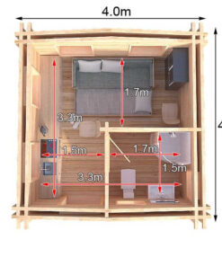 4m x 4m highly Insulated twin skin 44mm x 44mm log cabin, one bed, and shower room - 582