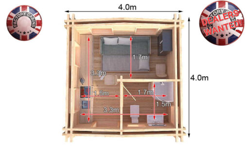 4m x 4m highly Insulated twin skin 44mm x 44mm log cabin, one bed, and shower room - 582