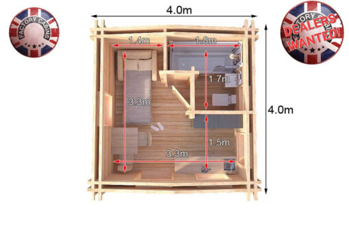 4m x 4m highly Insulated twin skin 44mm x 44mm log cabin, one bed, and shower room with utility room - 579 (4.0m x 4.0m) Tiverton