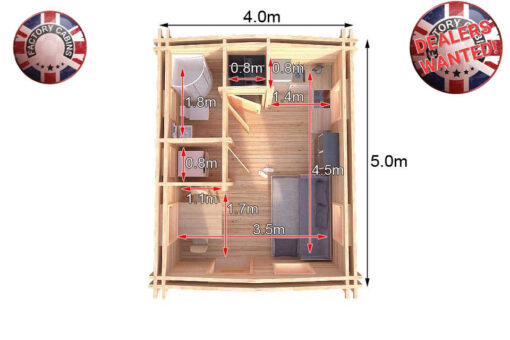 4m x 5m highly Insulated twin skin 44mm x 44mm log cabin, one bed, and shower room, 2utility room - 569 (4.0m x 5.0m) Wembley