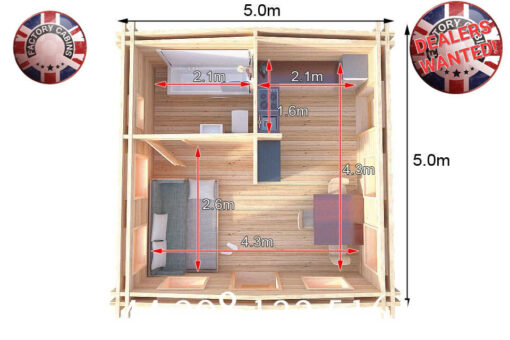 5m x 5m Insulated Garden Twin Skin Cabin 44mm x 44mm 2 door entrance, separate 1 bed, separate bath and Utility Room - 593