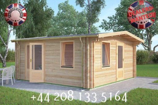5m x 5m Insulated Garden Twin Skin Log Cabin 44mm x 44mm 2 door separate 1 bed, with shower and Utility Room - 599