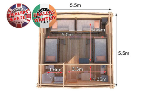 Residential Type TwinSkin Log Cabin - 5.5m x 5.5m - FC 0550